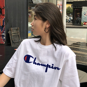 Champion 植绒毛毡布草写logo 男女款短袖 GT19-Y07954